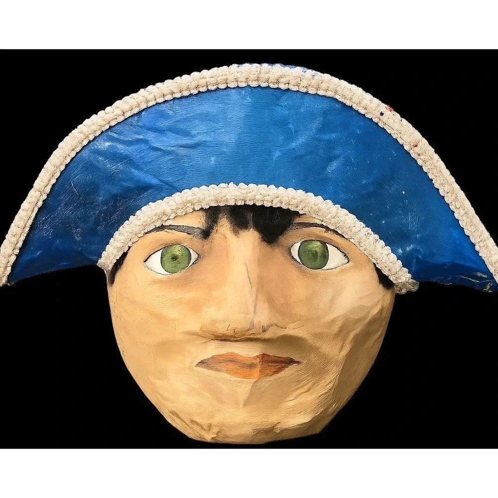 1990 Signed Paper Mache Pirate Explorer Face Mask Wall Hanging Folk Art Blue